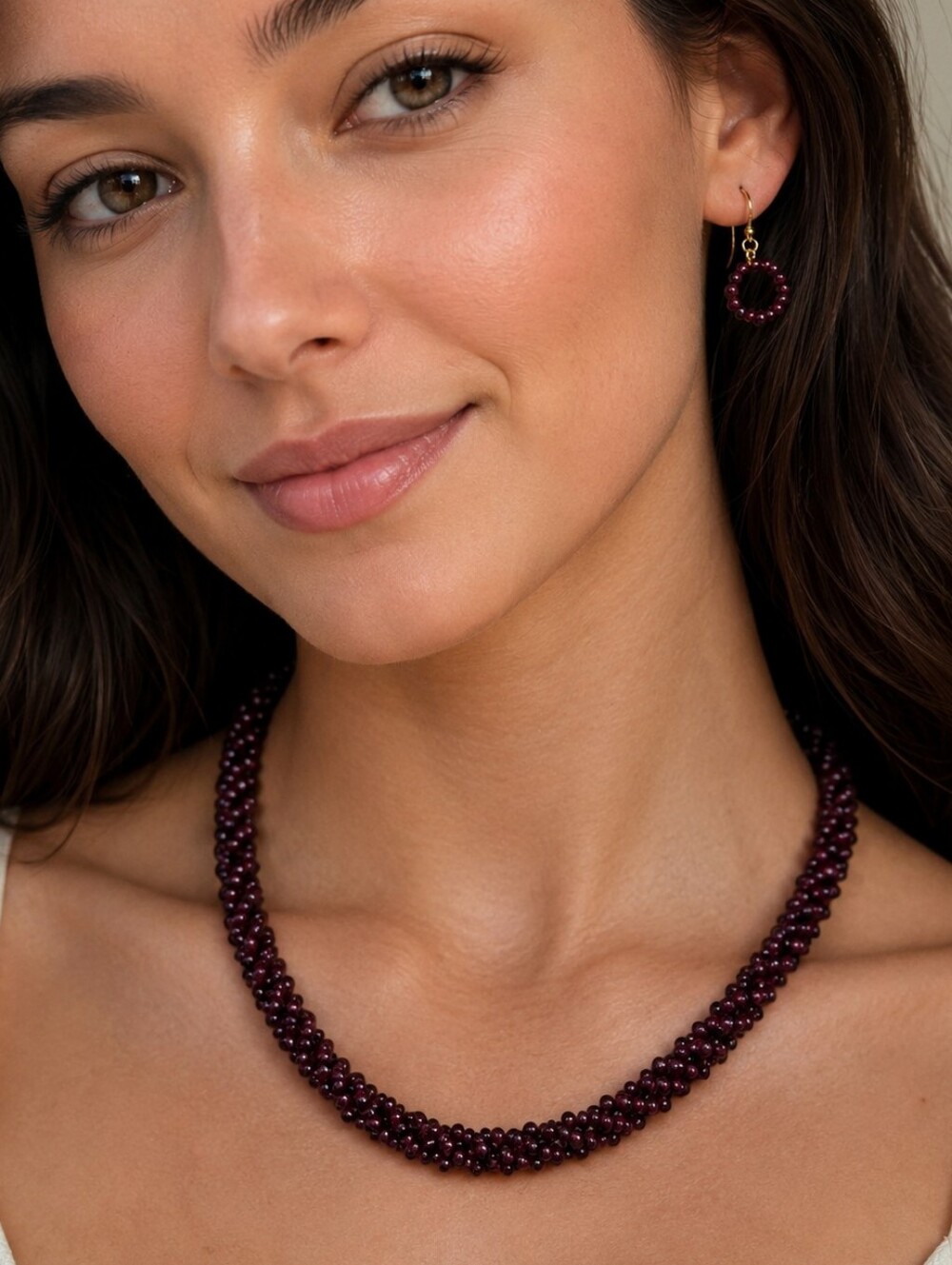 Handmade Vintage Garnet Beaded Rope Necklace & Matching Earrings Set